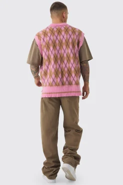 Oversized V Neck Argyle Fluffy Knit Vest | UK^boohooMAN Online