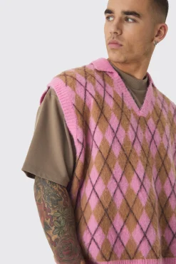 Oversized V Neck Argyle Fluffy Knit Vest | UK^boohooMAN Online