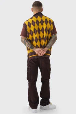 Oversized V Neck Argyle Fluffy Knit Vest | UK^boohooMAN Online