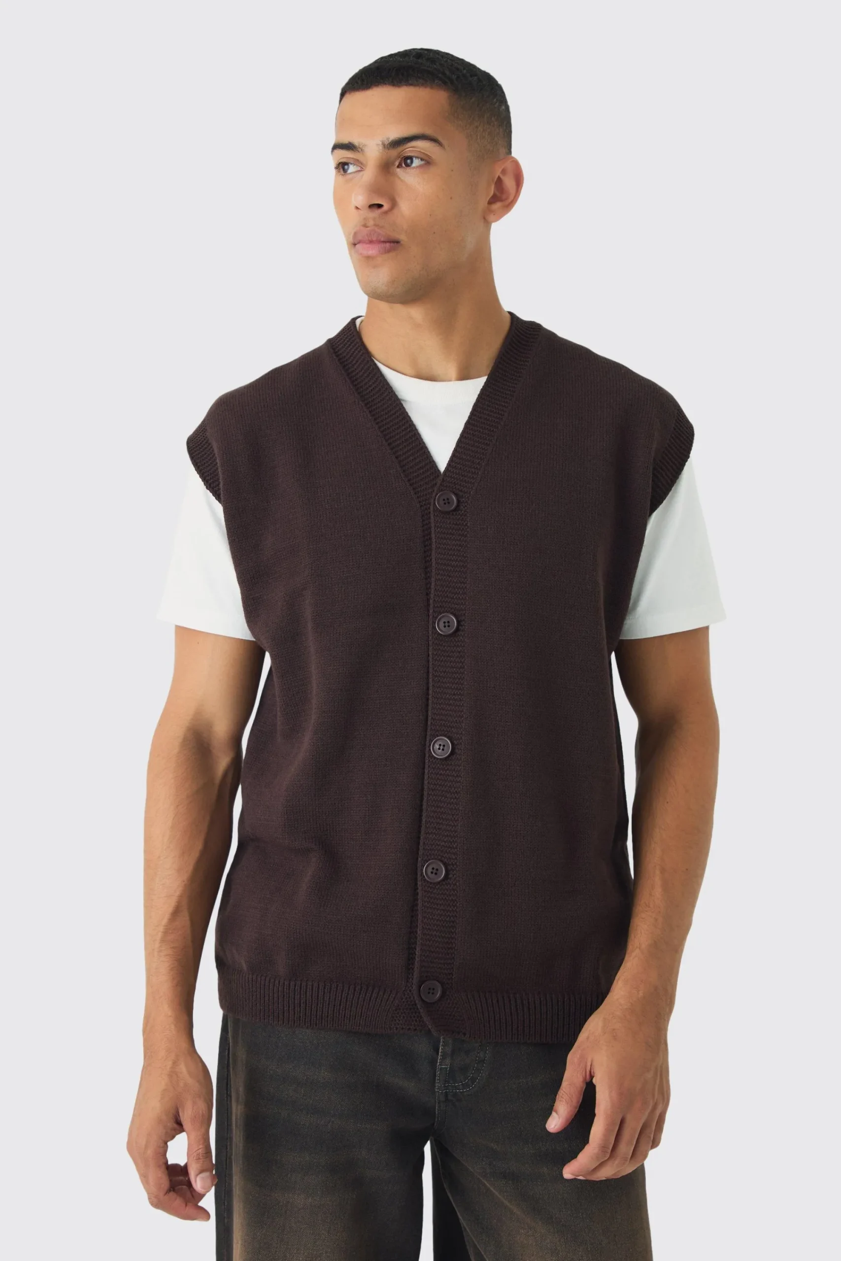 Oversized V Neck Button Through Knitted Vest | UK^boohooMAN Discount
