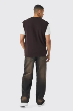 Oversized V Neck Button Through Knitted Vest | UK^boohooMAN Discount