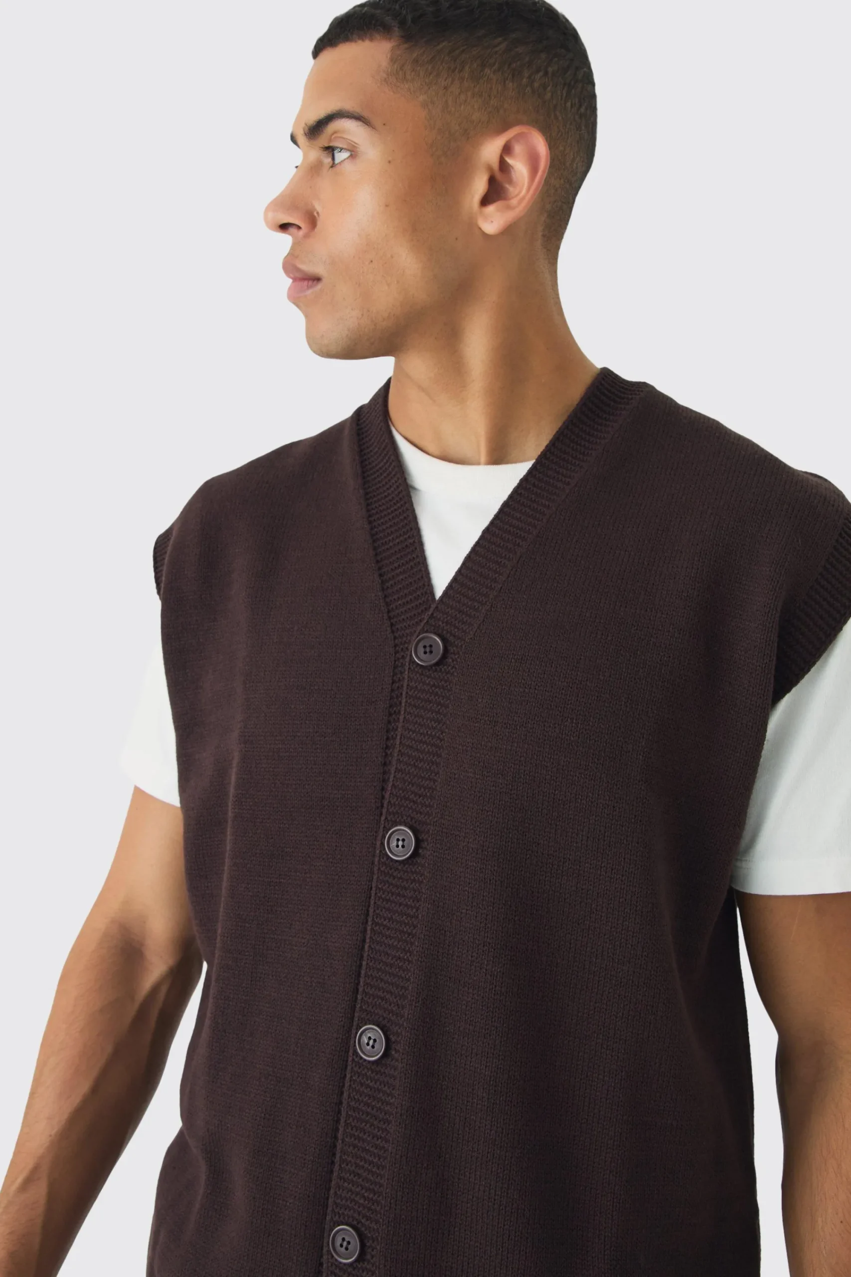 Oversized V Neck Button Through Knitted Vest | UK^boohooMAN Discount