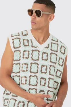 boohooMAN Oversized V Neck Crochet Knitted Tank | UK| Tracksuits