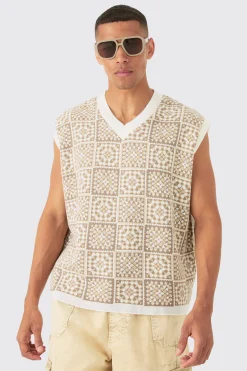 Oversized V Neck Crochet Knitted Tank | UK^boohooMAN Sale