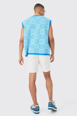 Oversized V Neck Crochet Knitted Tank | UK^boohooMAN