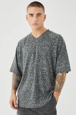 Oversized V Neck Leopard Print Raglan T-shirt | UK^boohooMAN Clearance