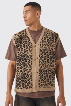 Oversized V Neck Leopard Button Through Knitted Vest | UK^boohooMAN New