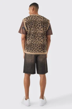 Oversized V Neck Leopard Button Through Knitted Vest | UK^boohooMAN New