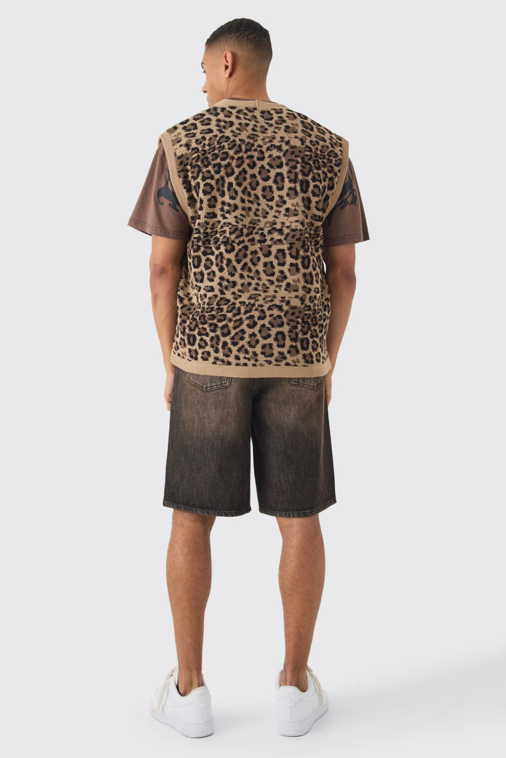 Oversized V Neck Leopard Button Through Knitted Vest | UK^boohooMAN New