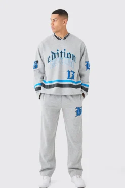 boohooMAN Oversized Varsity Applique V Neck Sweatshirt Tracksuit | UK| Tracksuits