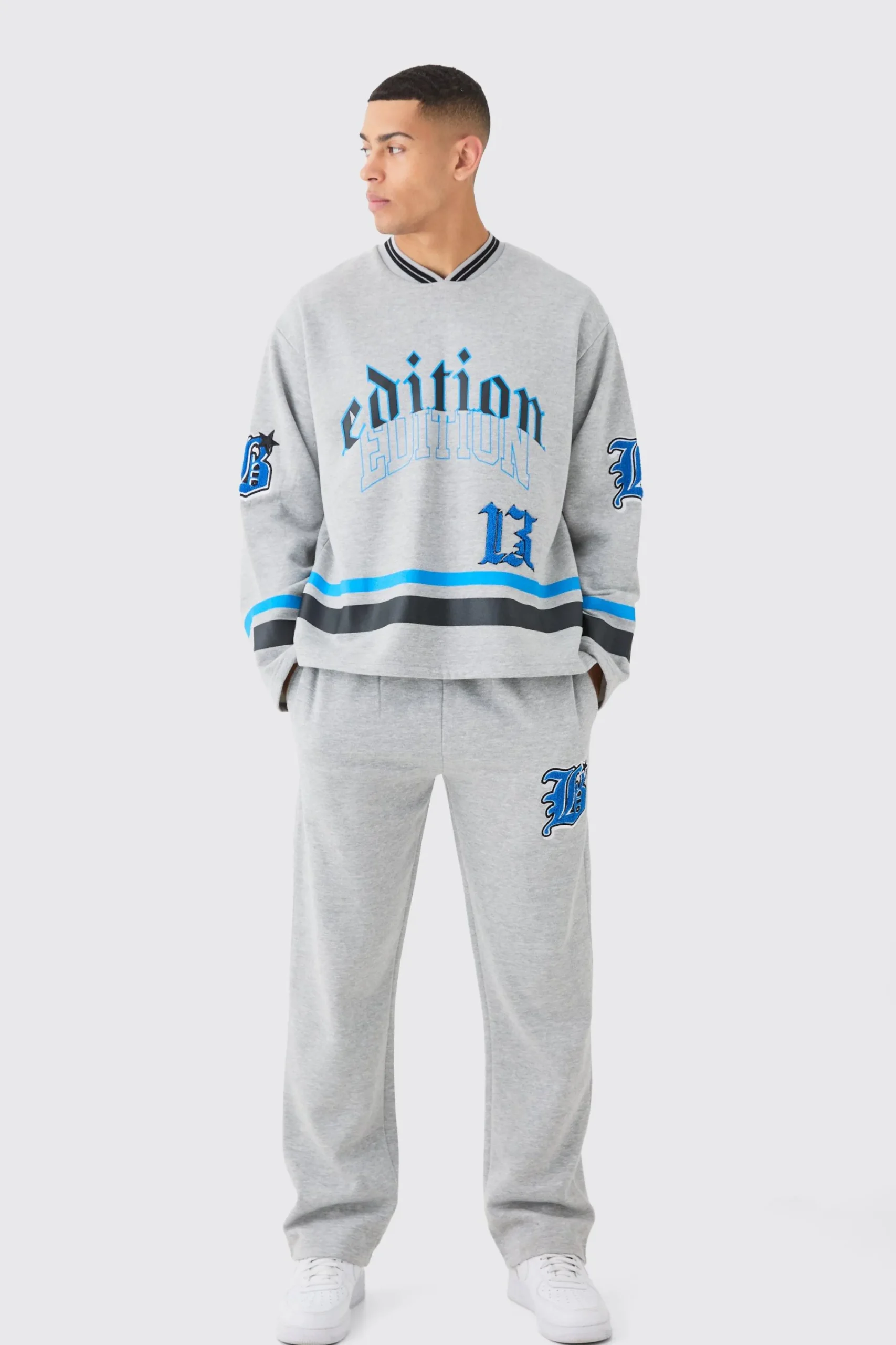 boohooMAN Oversized Varsity Applique V Neck Sweatshirt Tracksuit | UK| Tracksuits