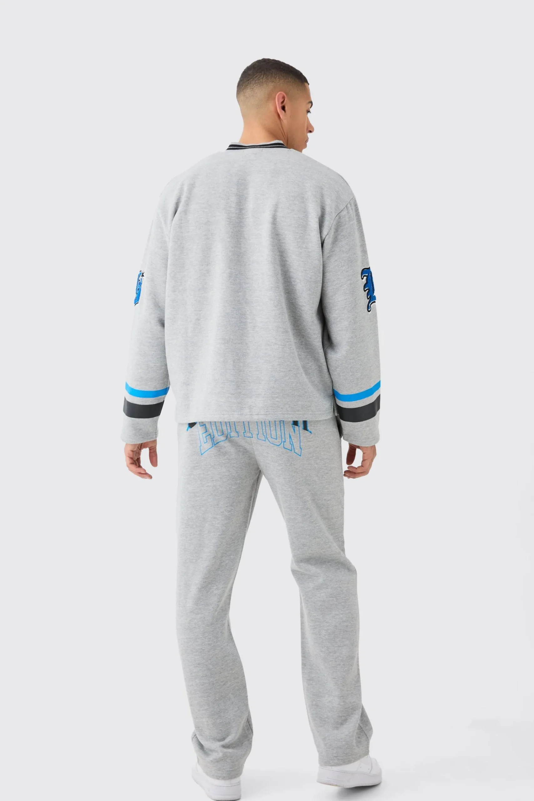 boohooMAN Oversized Varsity Applique V Neck Sweatshirt Tracksuit | UK| Tracksuits
