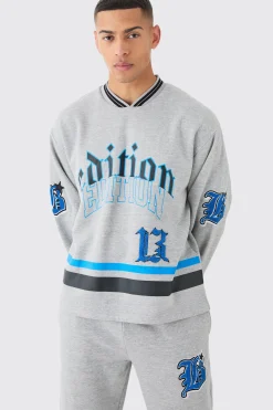 boohooMAN Oversized Varsity Applique V Neck Sweatshirt Tracksuit | UK| Tracksuits