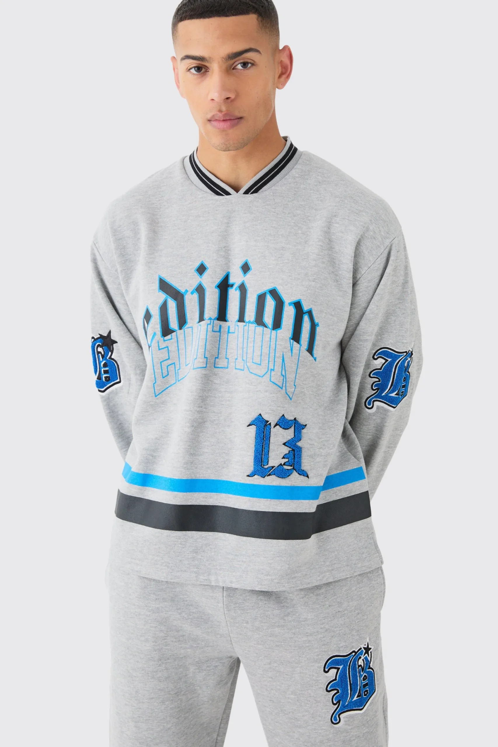 boohooMAN Oversized Varsity Applique V Neck Sweatshirt Tracksuit | UK| Tracksuits
