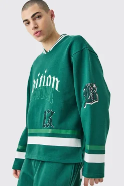 boohooMAN Oversized Varsity Applique V Neck Sweatshirt Tracksuit | UK| Tracksuits