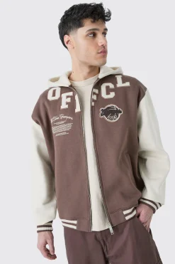 boohooMAN Oversized Varsity Applique Jersey Hooded Jacket | UK| Coats & Jackets