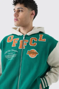 boohooMAN Oversized Varsity Applique Jersey Hooded Jacket | UK| Coats & Jackets