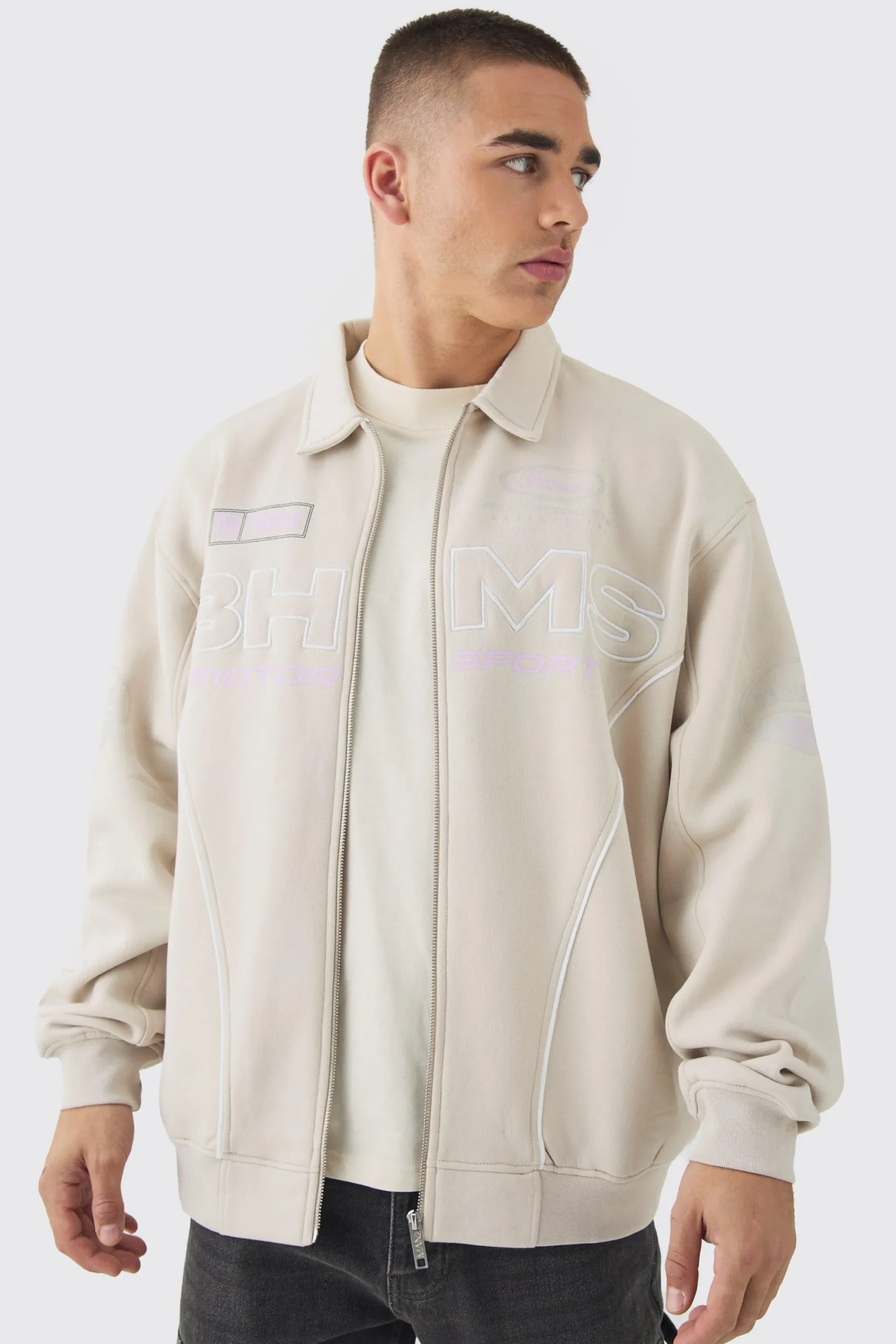 boohooMAN Oversized Varsity BHM Embroidered Jersey Bomber Jacket | UK| Coats & Jackets