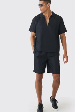 boohooMAN Oversized V-neck Soft Twill Shirt & Short Set | UK| Sets & Co-Ords