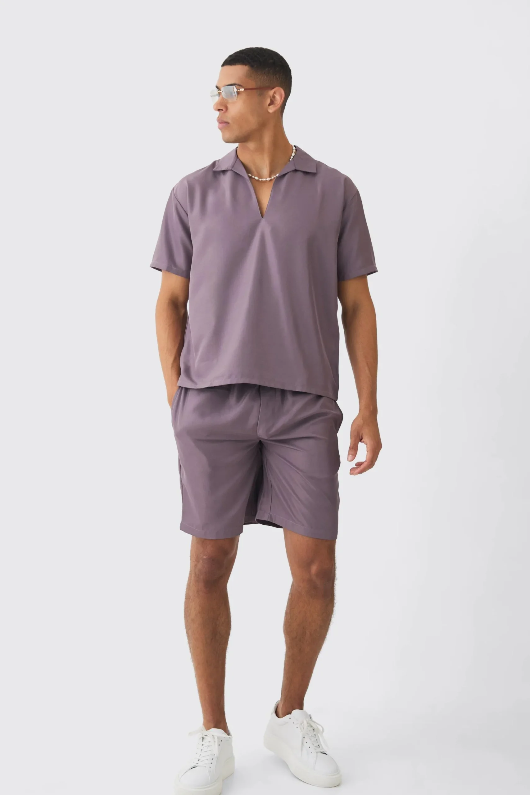 boohooMAN Oversized V-neck Soft Twill Shirt & Short Set | UK| Sets & Co-Ords