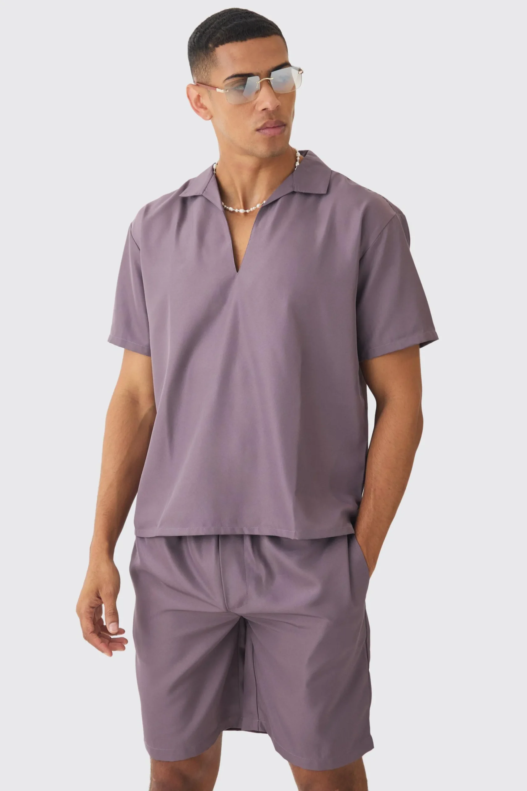 boohooMAN Oversized V-neck Soft Twill Shirt & Short Set | UK| Sets & Co-Ords