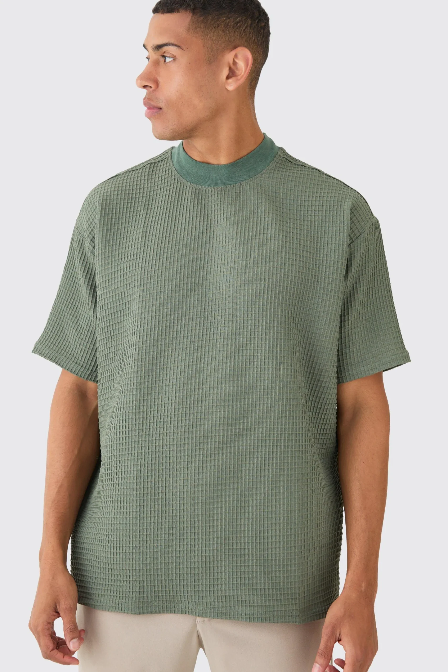 Oversized Waffle Extended Neck T-shirt | UK^boohooMAN Online