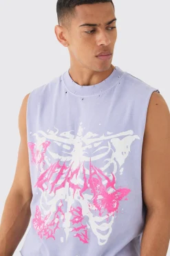 Oversized Wash Boxy Gothic Graffiti Distressed Tank | UK^boohooMAN Online