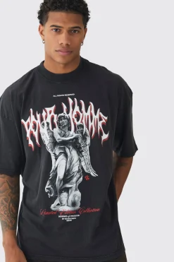 Oversized Wash Gothic Renaissance Print T-Shirt | UK^boohooMAN Clearance