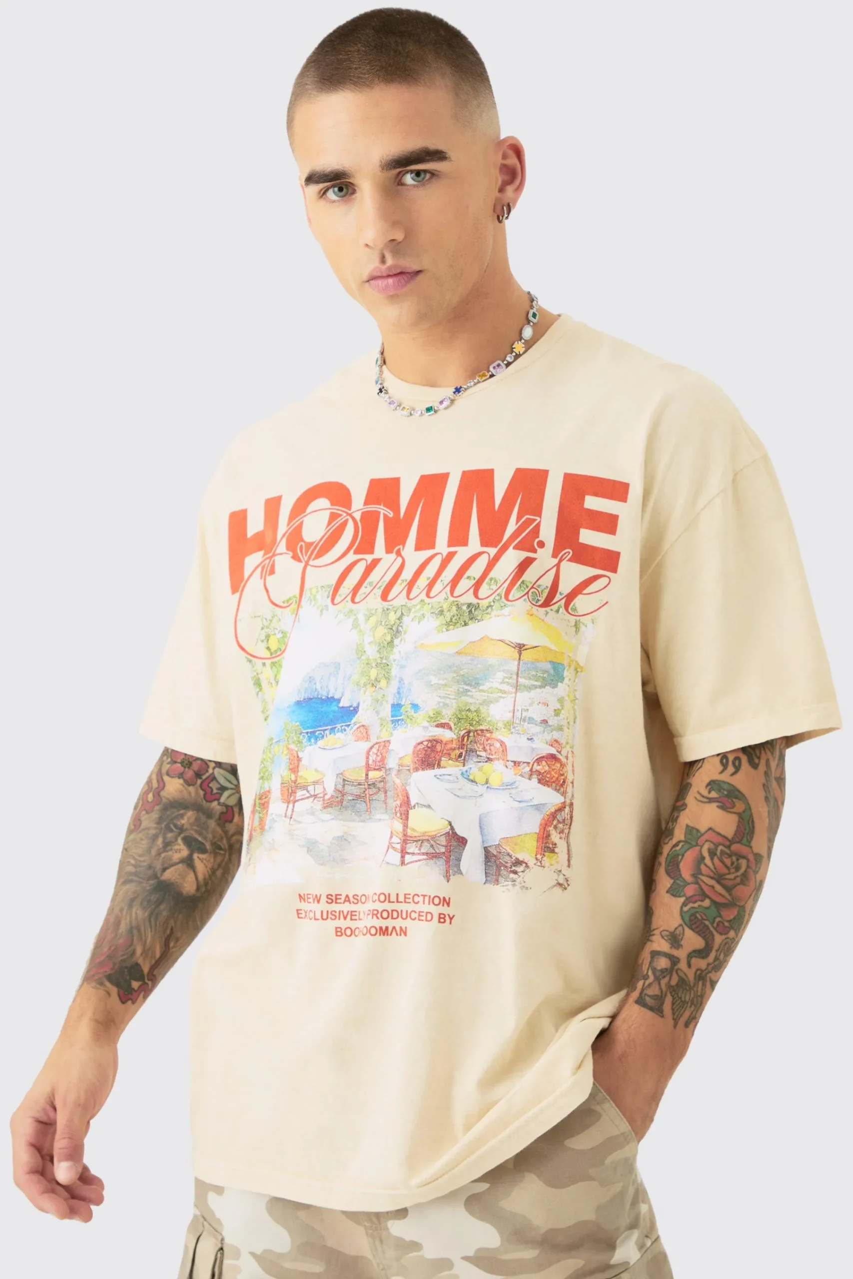Oversized Wash Homme Paradise Print T-shirt | UK^boohooMAN