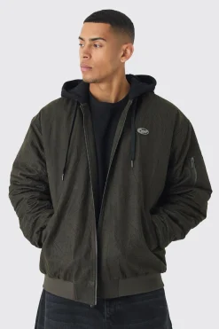 boohooMAN Oversized Washed Crinkle Hooded Bomber In | UK| Coats & Jackets