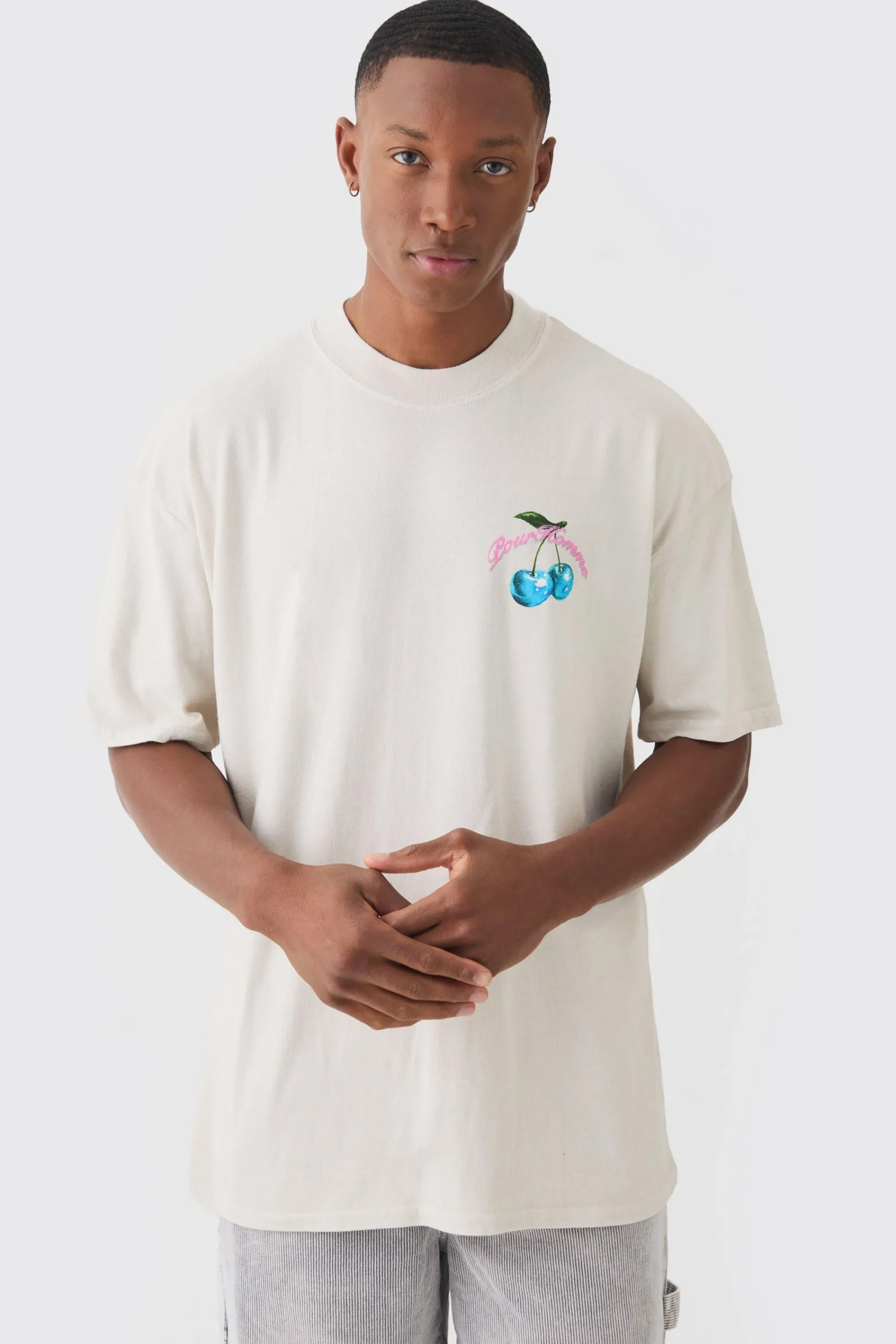 Oversized Washed Extended Neck Cherry Print T-shirt | UK^boohooMAN Sale