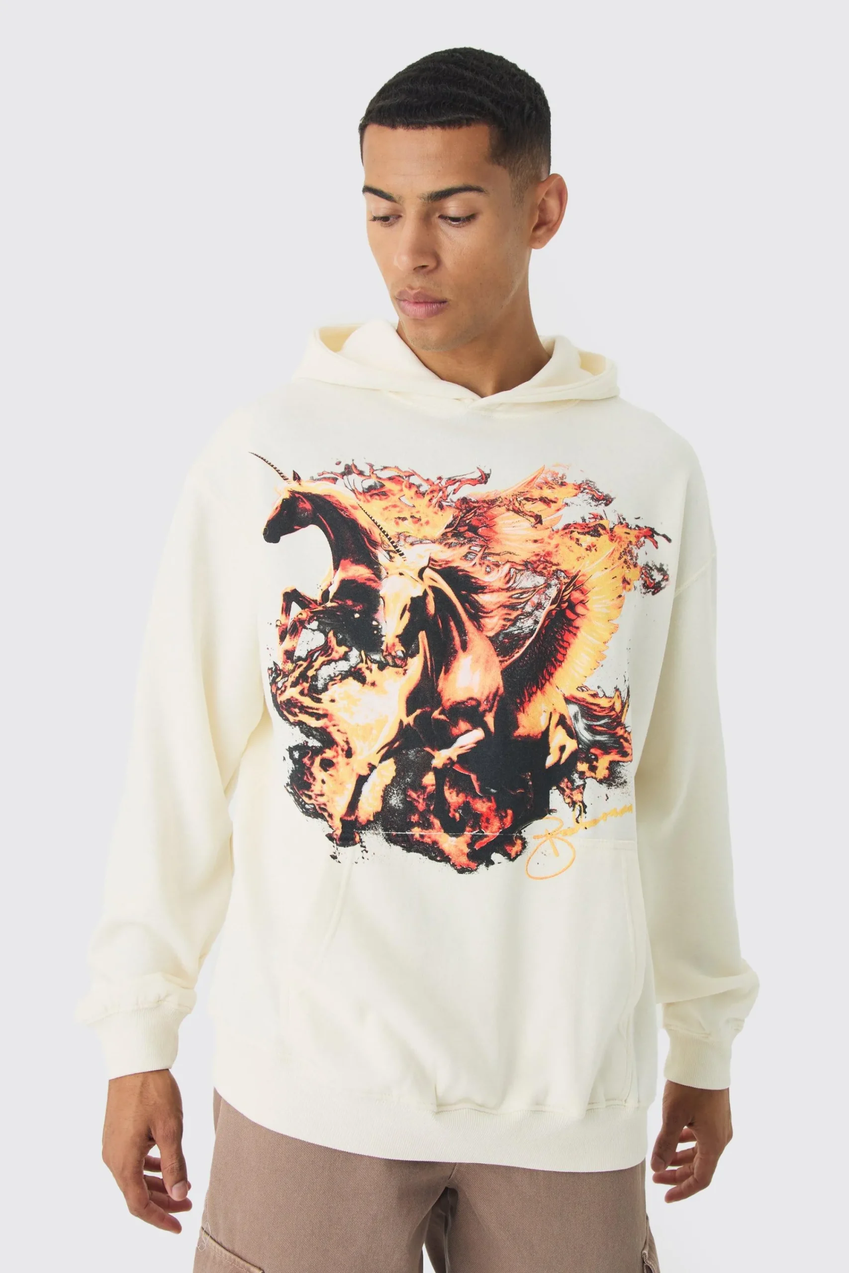 boohooMAN Oversized Washed Flame Horse Print Hoodie | UK| Hoodies & Sweatshirts