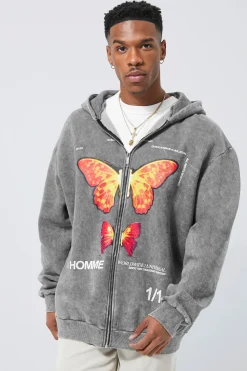 boohooMAN Oversized Washed Graphic Zip Through Hoodie | UK| Hoodies & Sweatshirts
