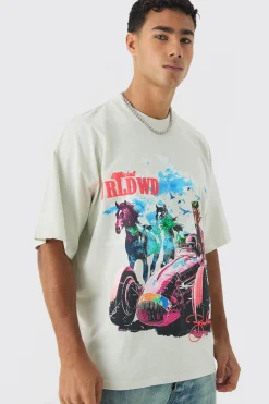 Oversized Washed Heavy Extended Neck Horse Print T-shirt | UK^boohooMAN