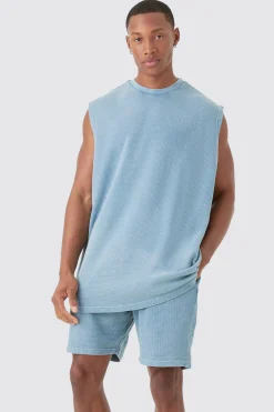 Oversized Washed Heavyweight Waffle Tank & Shorts Set | UK^boohooMAN Outlet