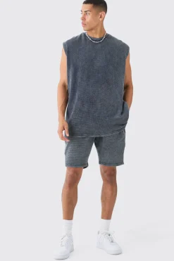 Oversized Washed Heavyweight Waffle Tank & Short Set | UK^boohooMAN Discount