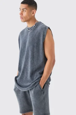 Oversized Washed Heavyweight Waffle Tank & Short Set | UK^boohooMAN Discount