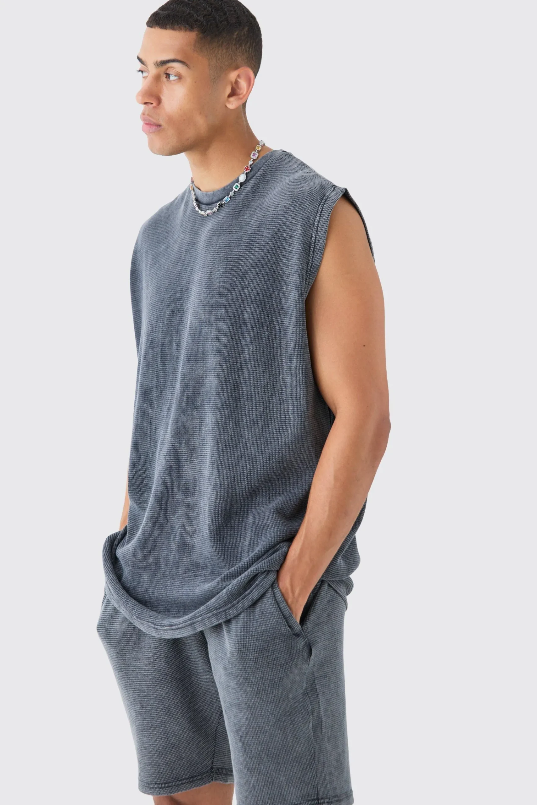 Oversized Washed Heavyweight Waffle Tank & Short Set | UK^boohooMAN Discount