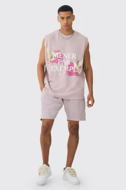 Oversized Washed Heavyweight Waffle Graphic Tank & Short Set | UK^boohooMAN Clearance