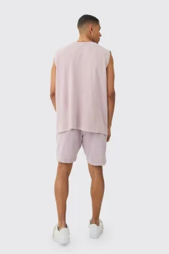 Oversized Washed Heavyweight Waffle Graphic Tank & Short Set | UK^boohooMAN Clearance