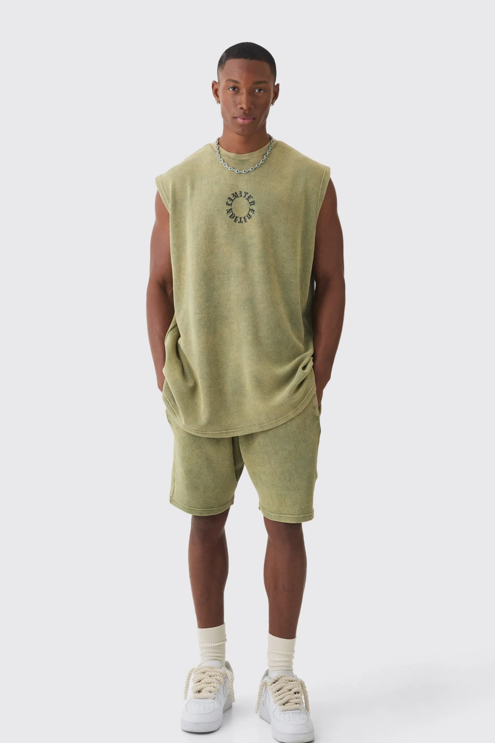 Oversized Washed Heavyweight Waffle Graphic Tank & Short Set | UK^boohooMAN Discount