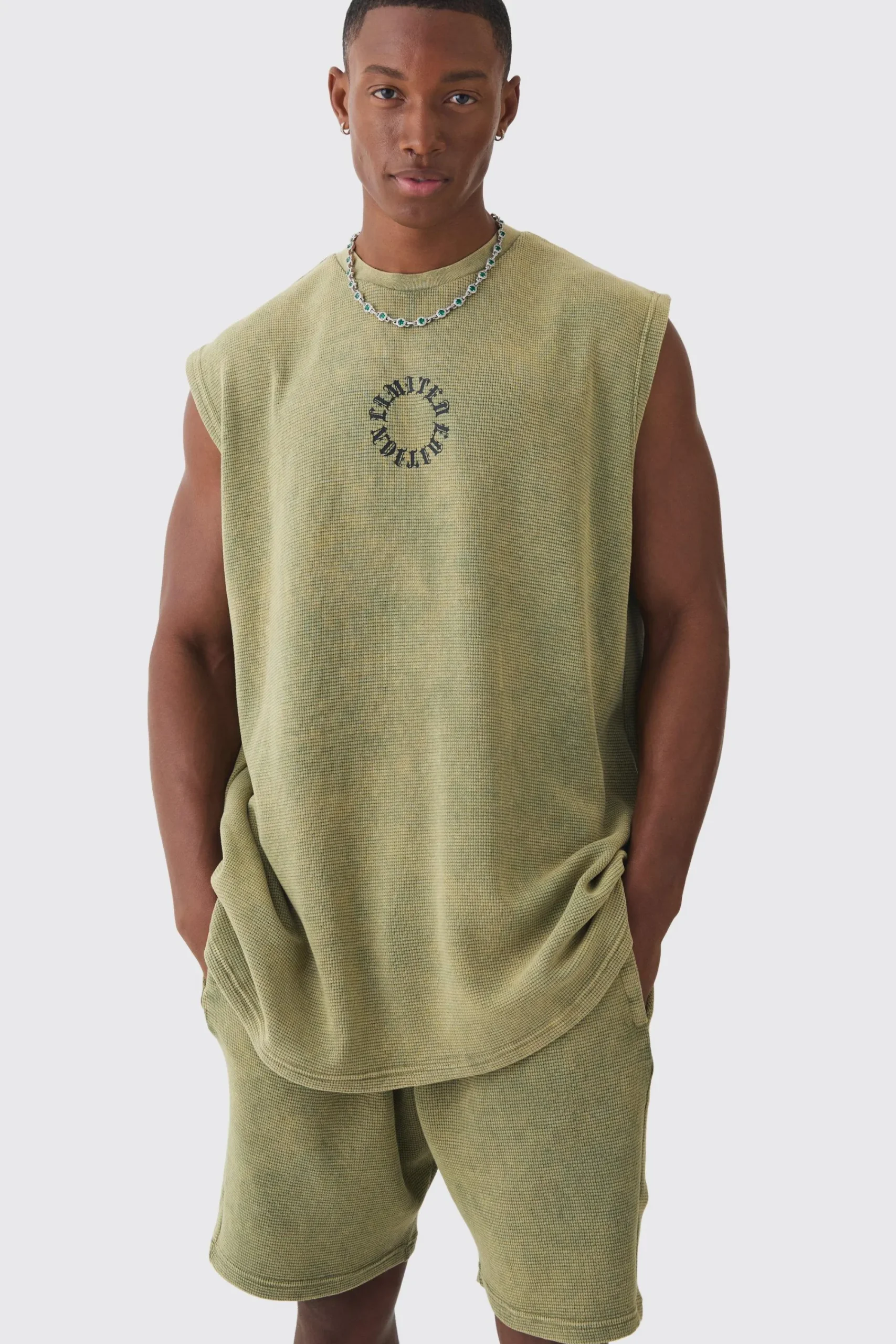 Oversized Washed Heavyweight Waffle Graphic Tank & Short Set | UK^boohooMAN Discount