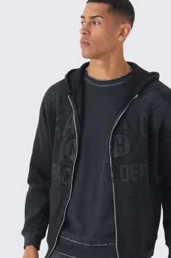 boohooMAN Oversized Washed Racing Print Zip Through Hoodie | UK| Hoodies & Sweatshirts