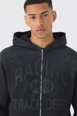 boohooMAN Oversized Washed Racing Print Zip Through Hoodie | UK| Hoodies & Sweatshirts