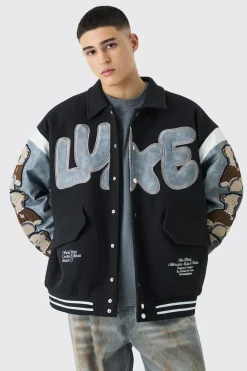 boohooMAN Oversized Washed Sleeve Teddy Varsity Jacket | UK| Coats & Jackets
