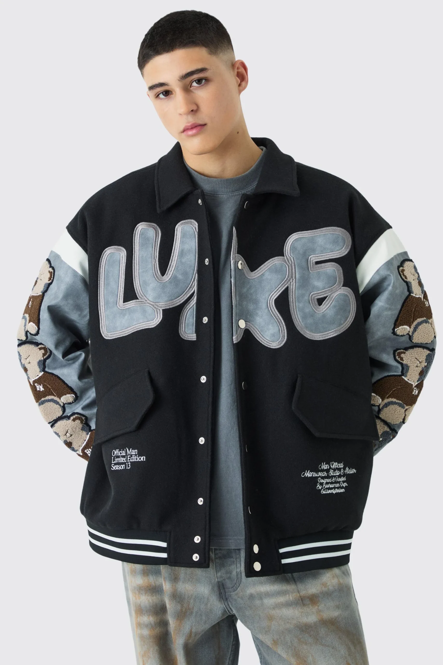 boohooMAN Oversized Washed Sleeve Teddy Varsity Jacket | UK| Coats & Jackets