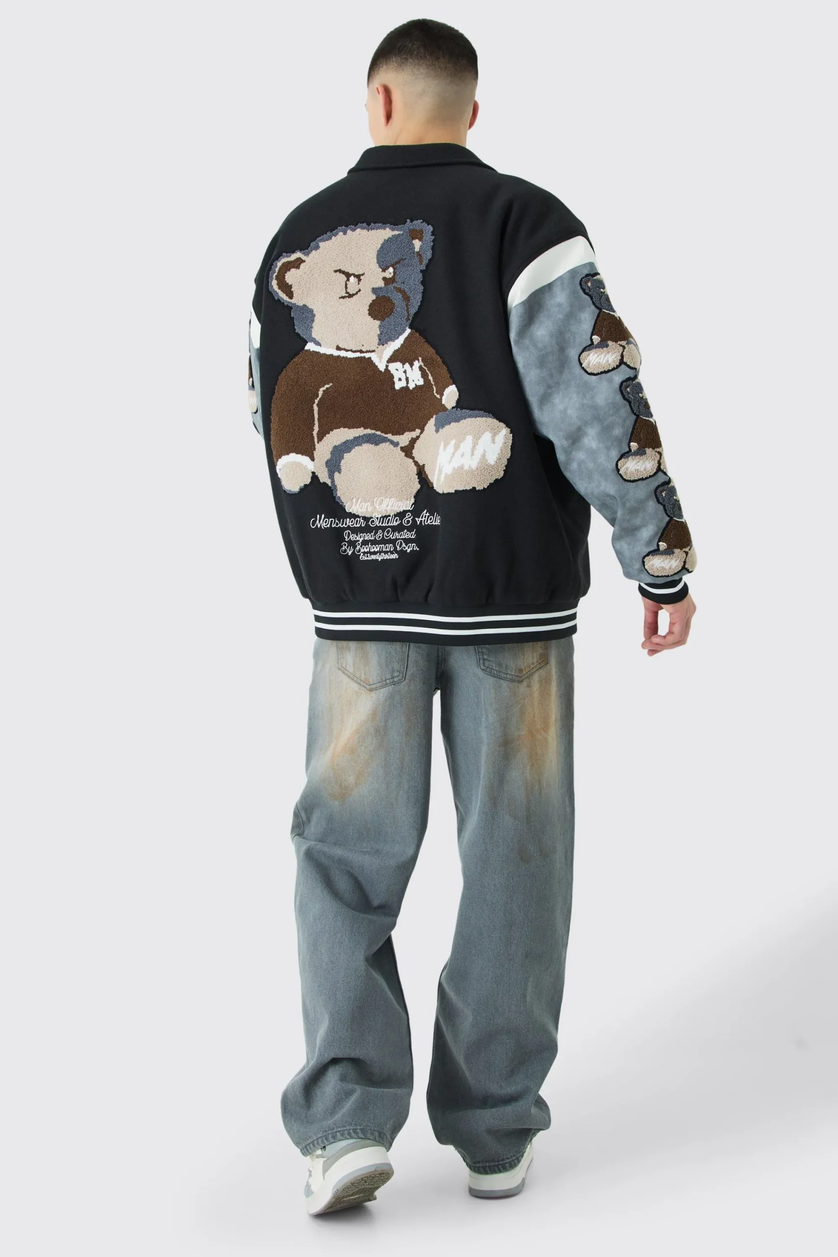 boohooMAN Oversized Washed Sleeve Teddy Varsity Jacket | UK| Coats & Jackets