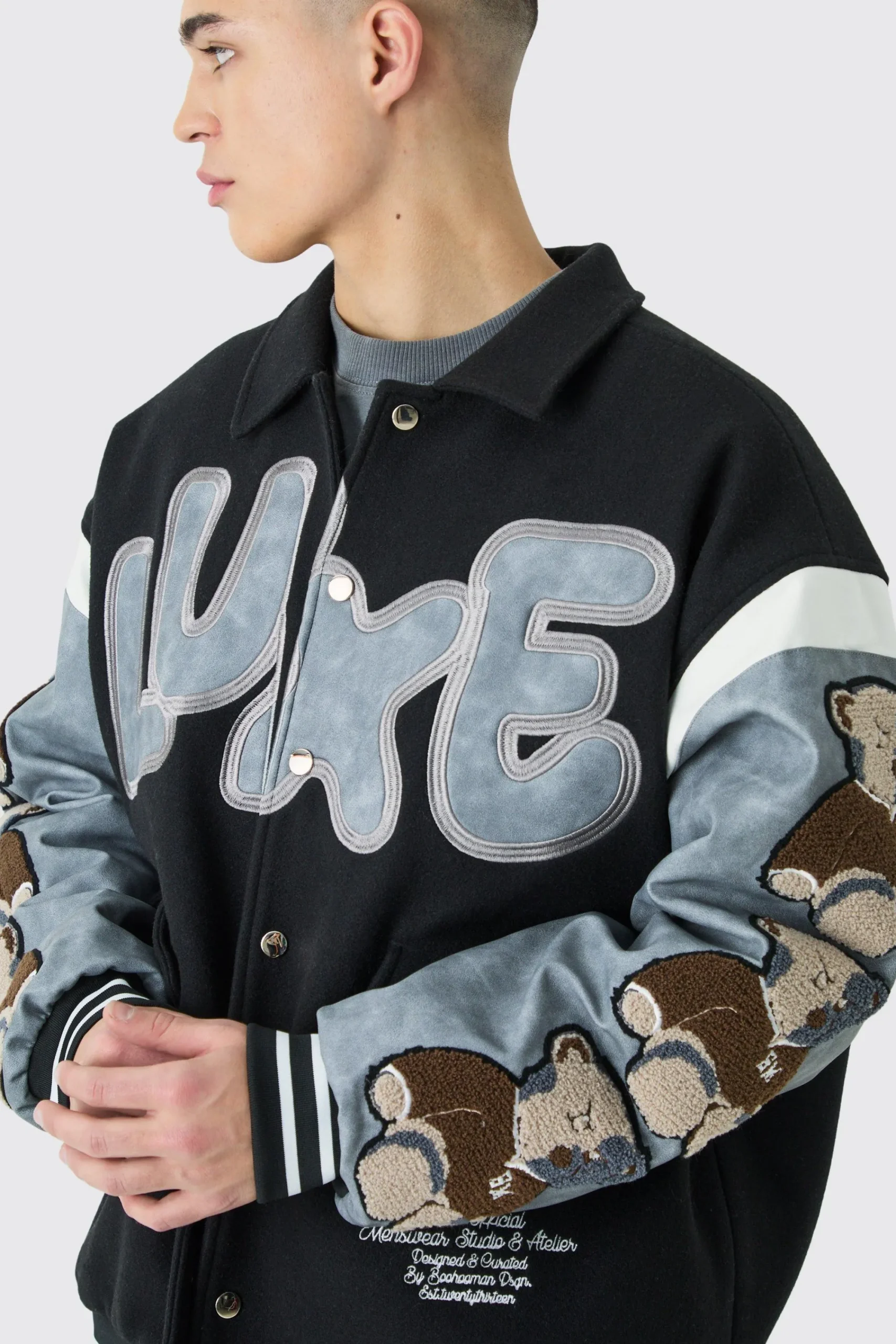 boohooMAN Oversized Washed Sleeve Teddy Varsity Jacket | UK| Coats & Jackets