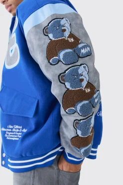 boohooMAN Oversized Washed Sleeve Teddy Varsity Jacket | UK| Coats & Jackets