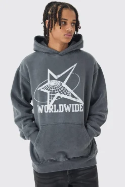 boohooMAN Oversized Washed Worldwide Print Hoodie | UK| Hoodies & Sweatshirts